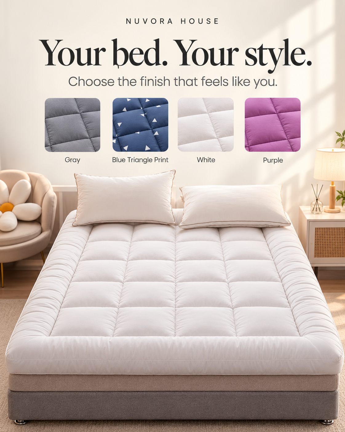 Gray and Blue Triangle Print and White and Purple finishes