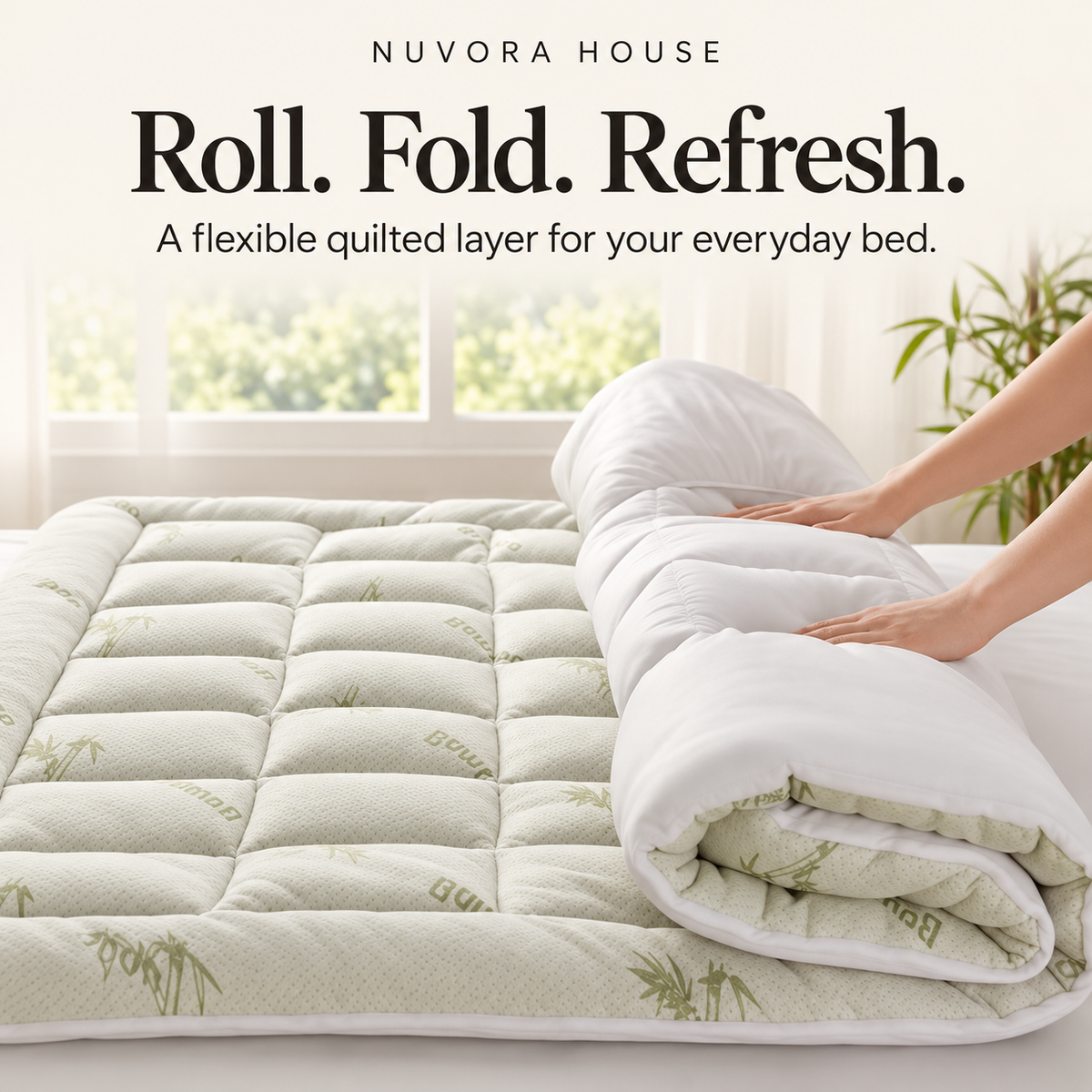 Nuvora House flexible quilted mattress topper being rolled