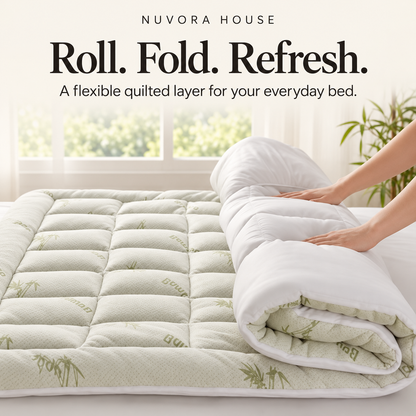 Nuvora House flexible quilted mattress topper being rolled